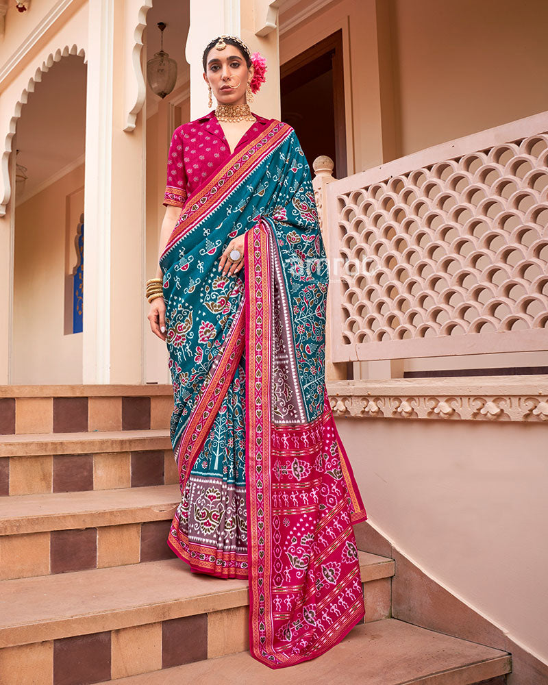 Teal Blue and Pink Broad Border Patola Silk Saree with Unstitched Blouse 01