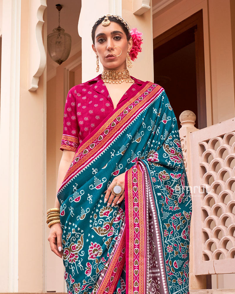 Teal Blue and Pink Broad Border Patola Silk Saree with Unstitched Blouse 02
