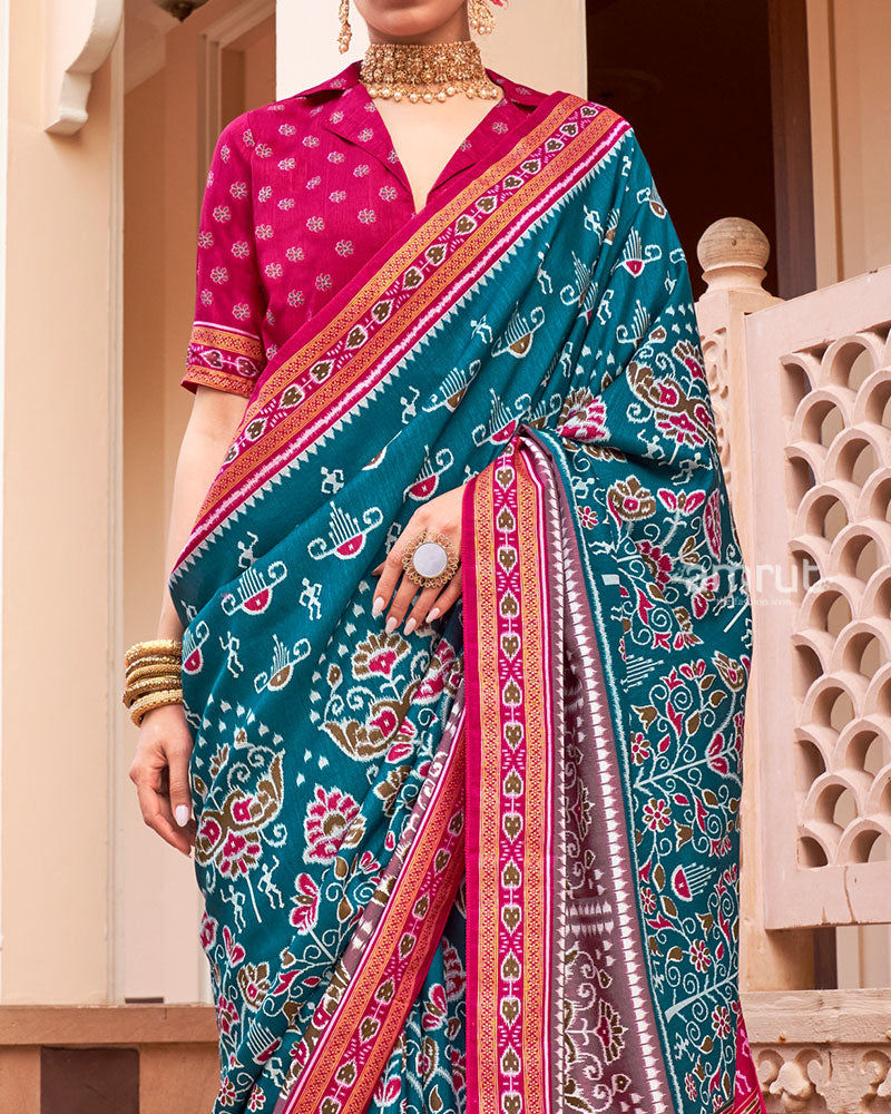 Teal Blue and Pink Broad Border Patola Silk Saree with Unstitched Blouse 03
