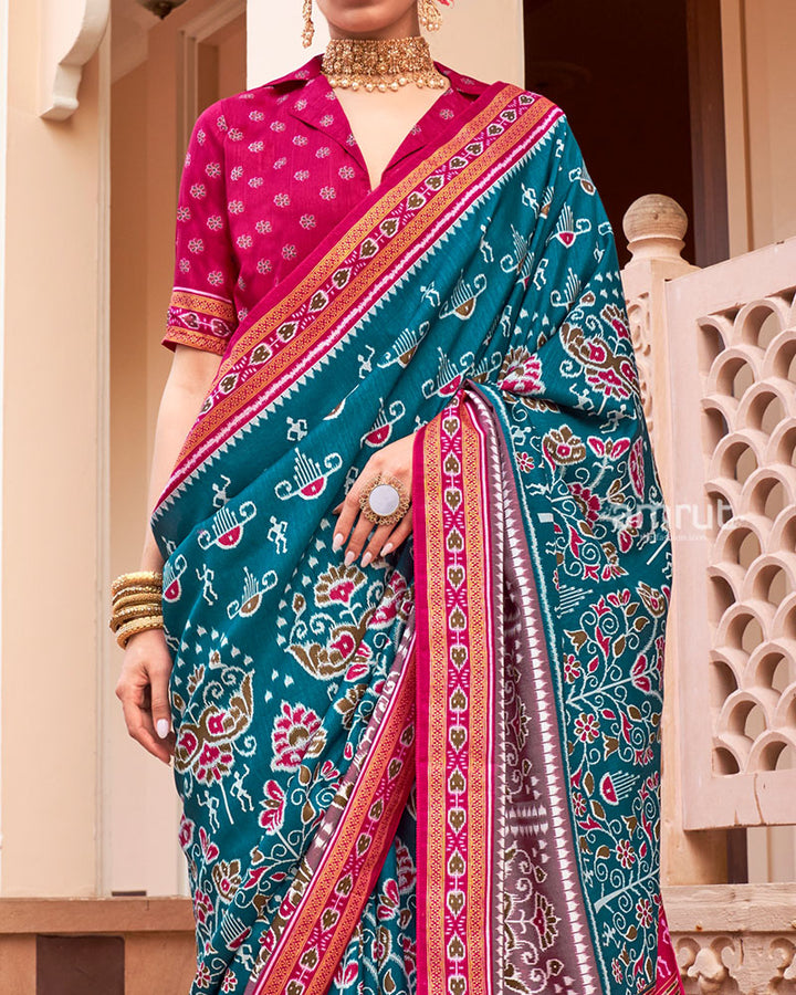 Teal Blue and Pink Broad Border Patola Silk Saree with Unstitched Blouse 03