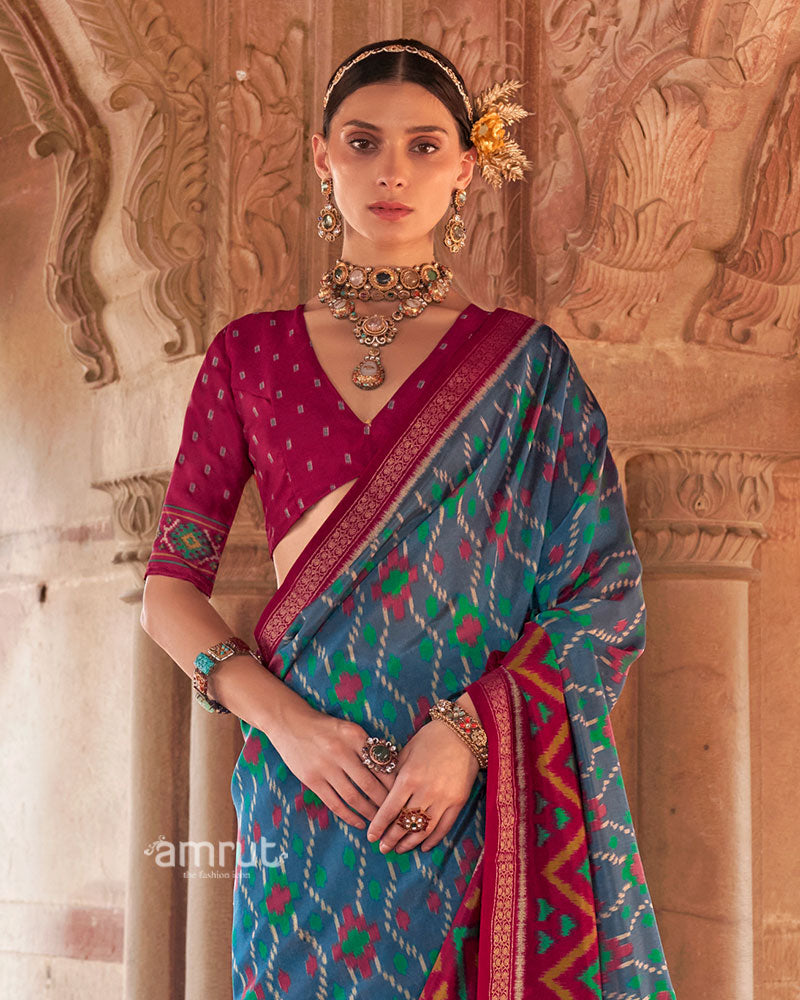 Teal Blue and Rani Pink Ikat Patola Printed Saree with Unstitched Blouse 02
