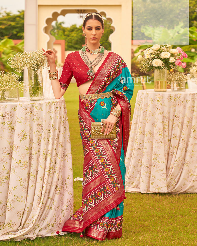 Teal Blue and Red Printed Patola Silk Saree with Zari Border and Unstitched Blouse 01