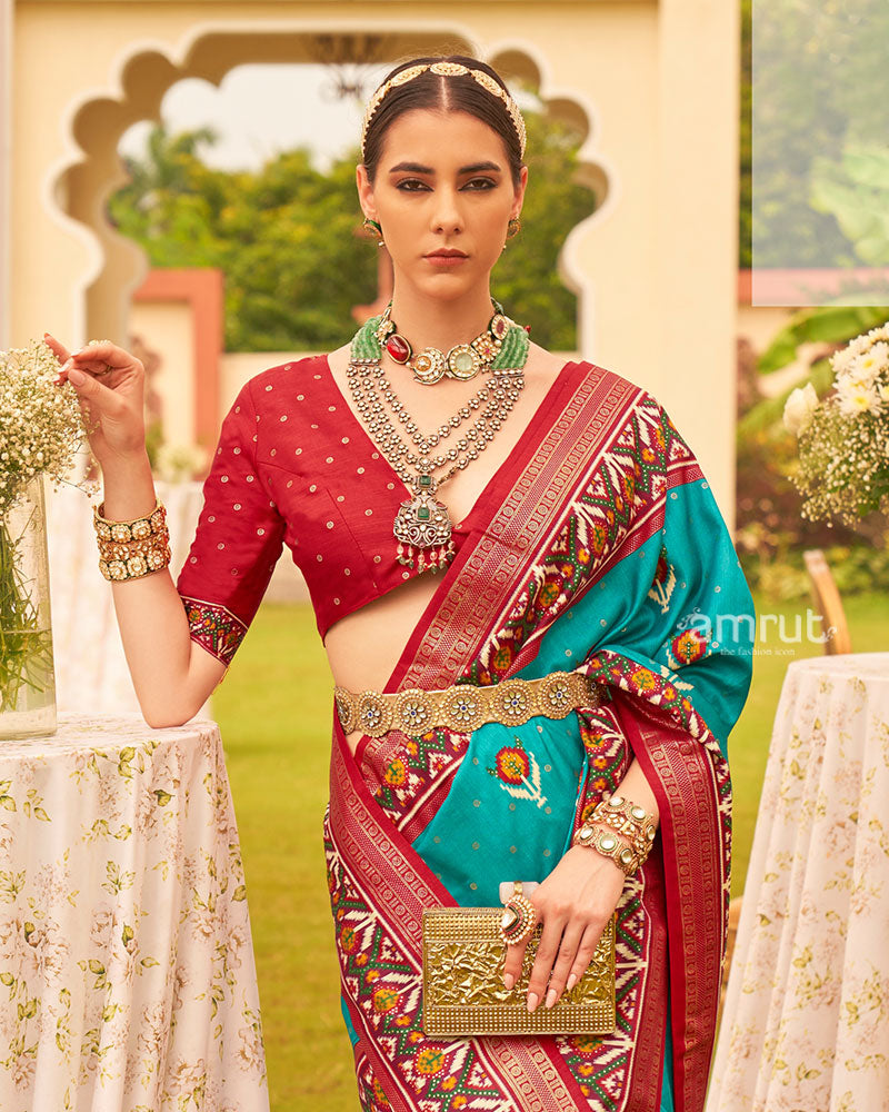 Teal Blue and Red Printed Patola Silk Saree with Zari Border and Unstitched Blouse 02