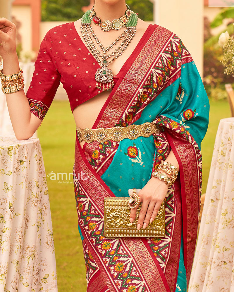 Teal Blue and Red Printed Patola Silk Saree with Zari Border and Unstitched Blouse 03