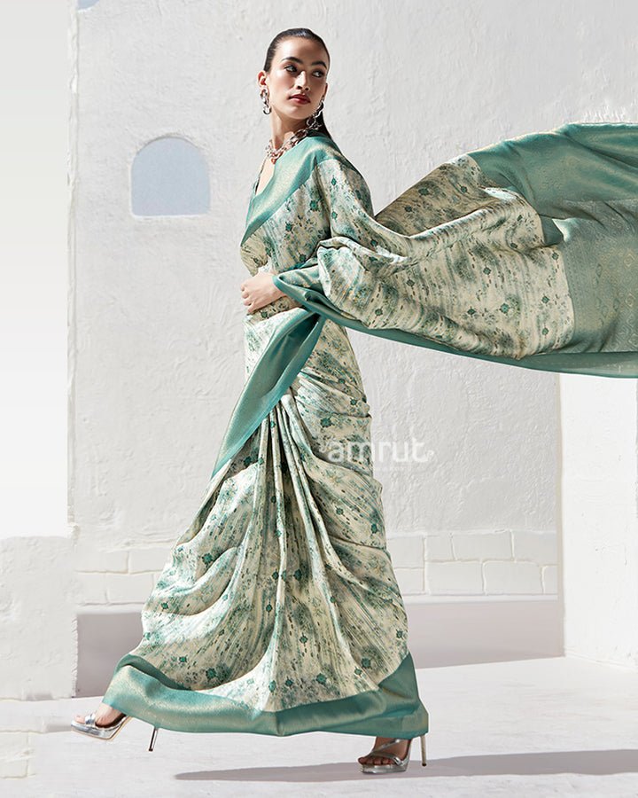 Teal Floral-Print Cream Silk Saree with Unstitched Blouse 01