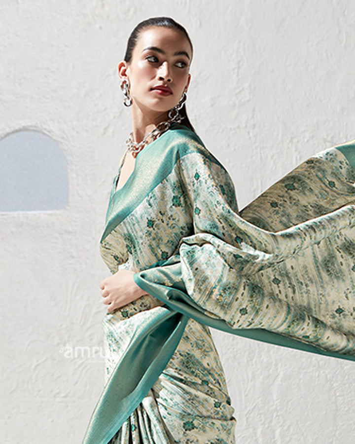 Teal Floral-Print Cream Silk Saree with Unstitched Blouse 02