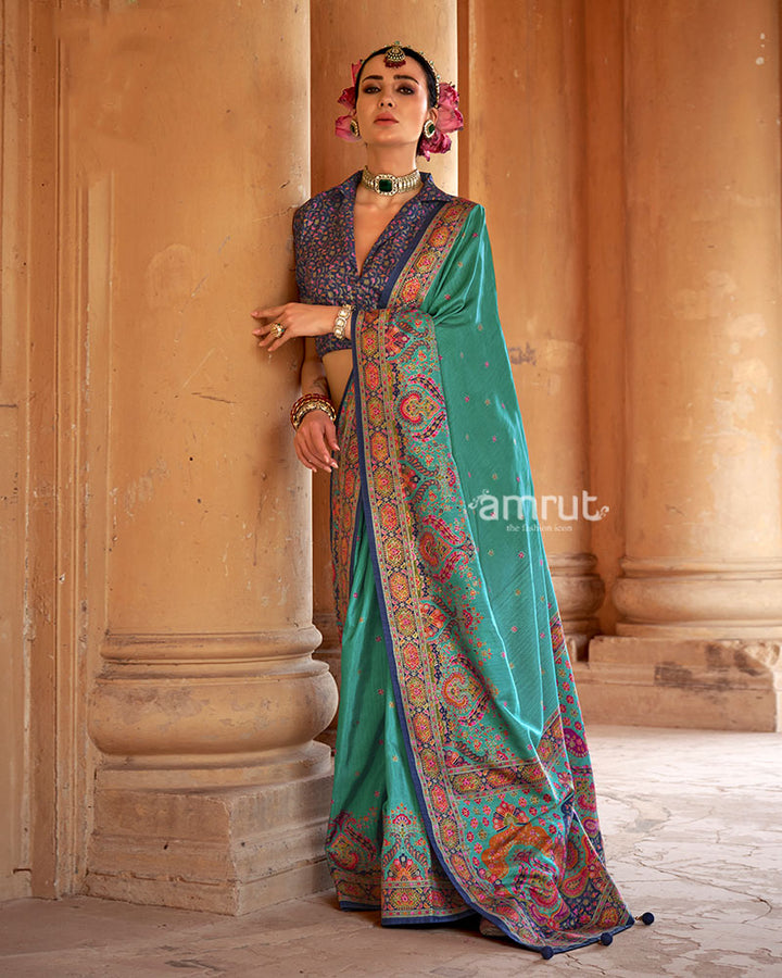 Teal Floral Printed Border Saree with Unstitched Blouse 01