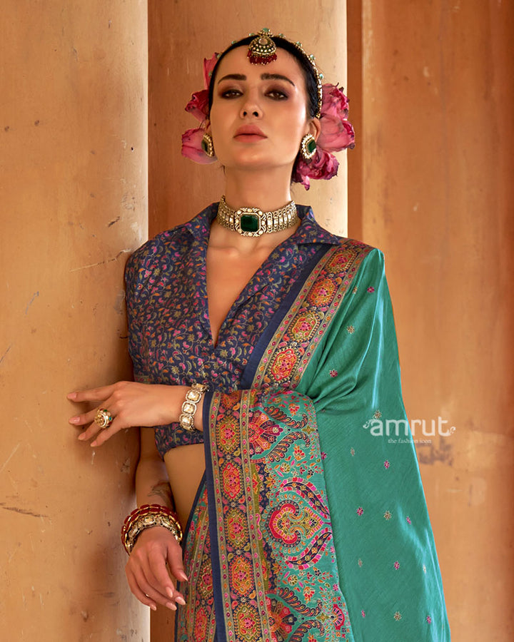 Teal Floral Printed Border Saree with Unstitched Blouse 02