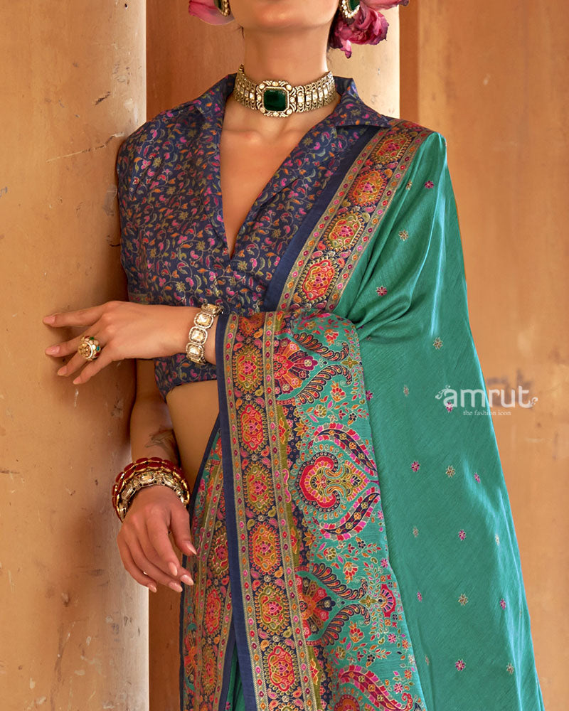 Teal Floral Printed Border Saree with Unstitched Blouse 03