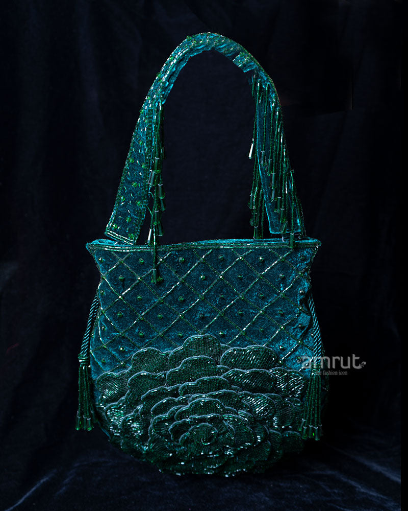 Teal Green Beaded Rose Design with Tassels Handbag 01