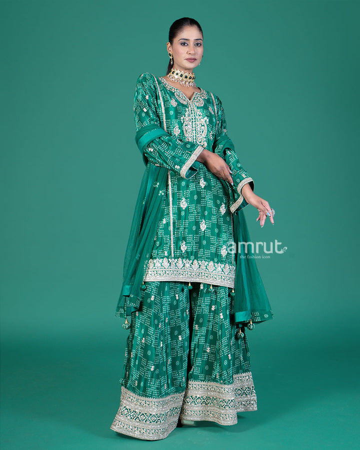 Teal Green Embroidered Kurta and Palazzo with Dupatta 01
