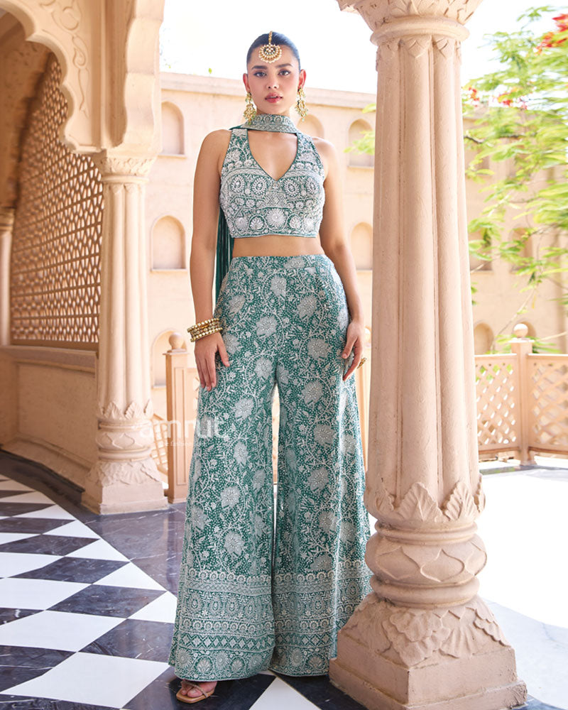Teal Green Georgette Indo-Western Set 01