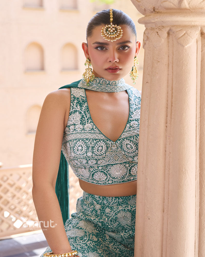 Teal Green Georgette Indo-Western Set 02
