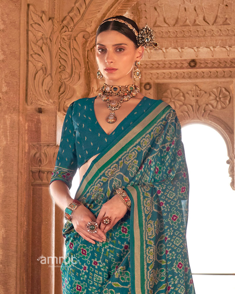 Teal Green Patola Printed Saree with Golden Zari Border and Unstitched Blouse 02