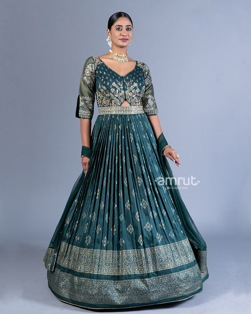 Teal Green Pleated Gown with Golden Embroidery and Dupatta 01