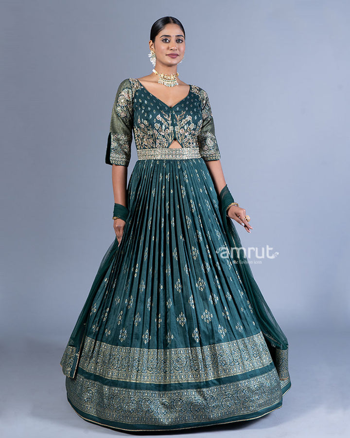 Teal Green Pleated Gown with Golden Embroidery and Dupatta 01