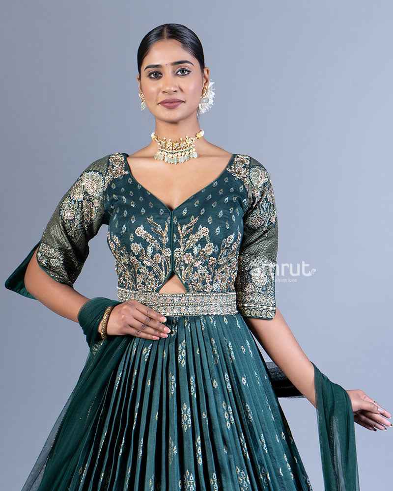 Teal Green Pleated Gown with Golden Embroidery and Dupatta 02