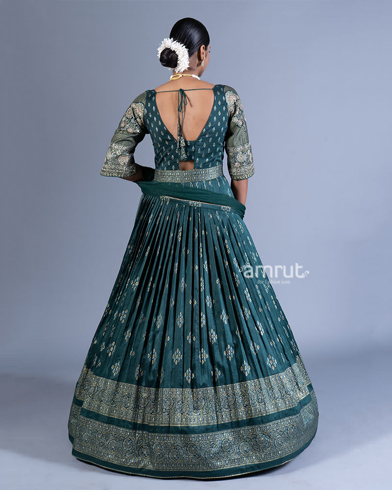 Teal Green Pleated Gown with Golden Embroidery and Dupatta 03