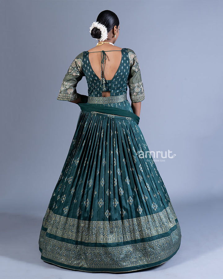 Teal Green Pleated Gown with Golden Embroidery and Dupatta 03