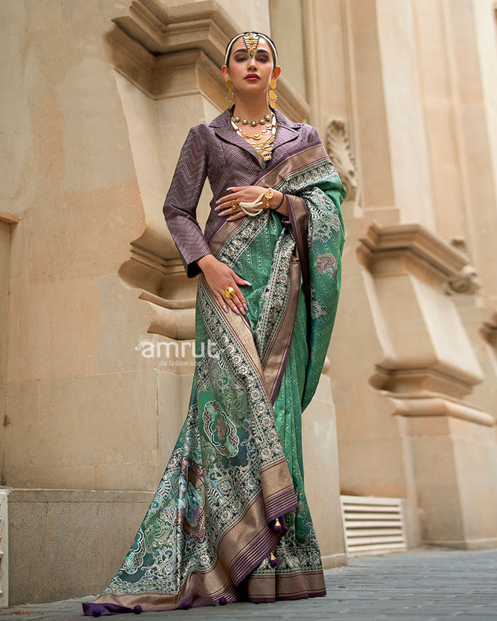 Teal Green Silk Saree with Zari Border and Unstitched Blouse 01