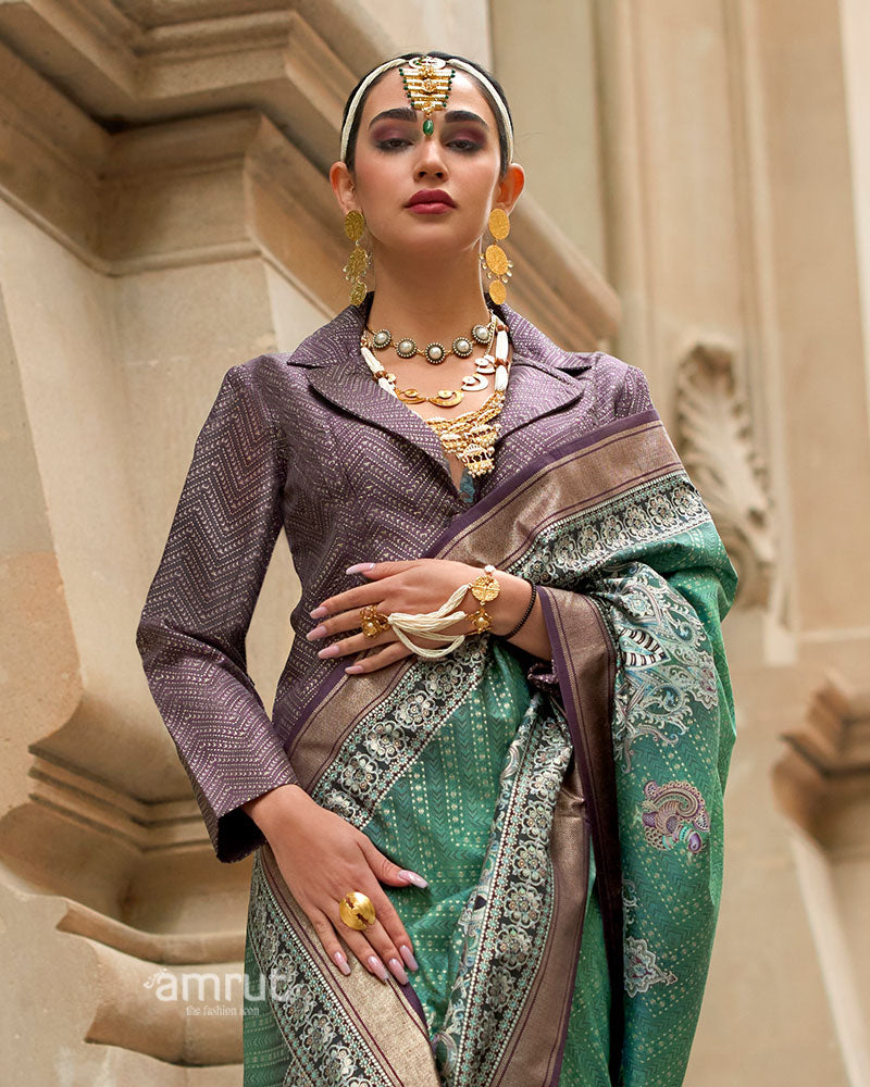Teal Green Silk Saree with Zari Border and Unstitched Blouse 02
