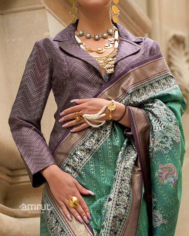 Teal Green Silk Saree with Zari Border and Unstitched Blouse 03