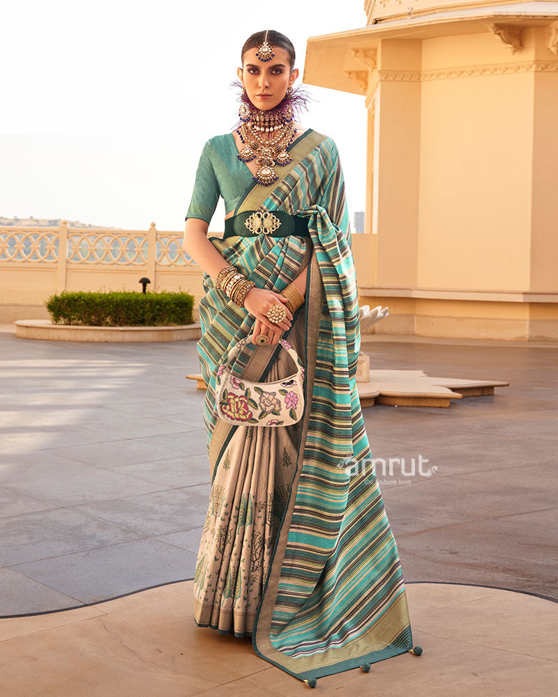 Teal Green and Beige Printed Silk Saree with Unstitched Blouse 01