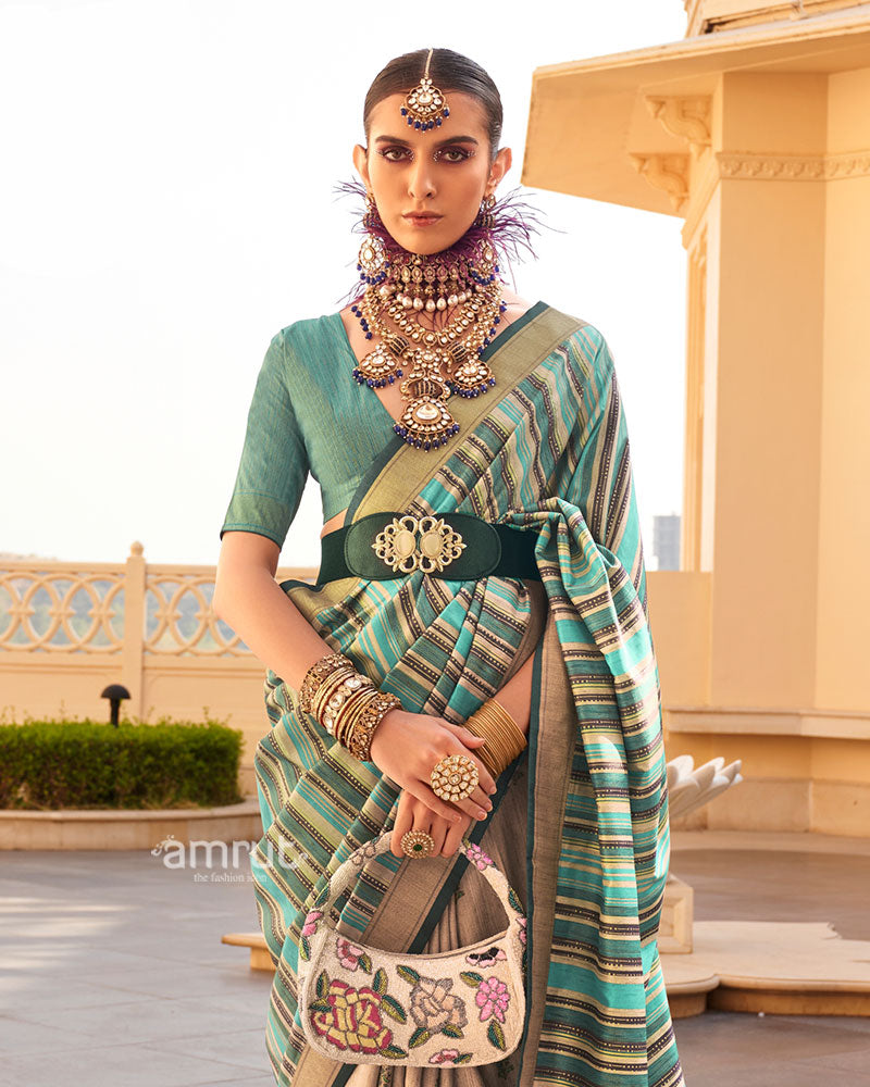 Teal Green and Beige Printed Silk Saree with Unstitched Blouse 02