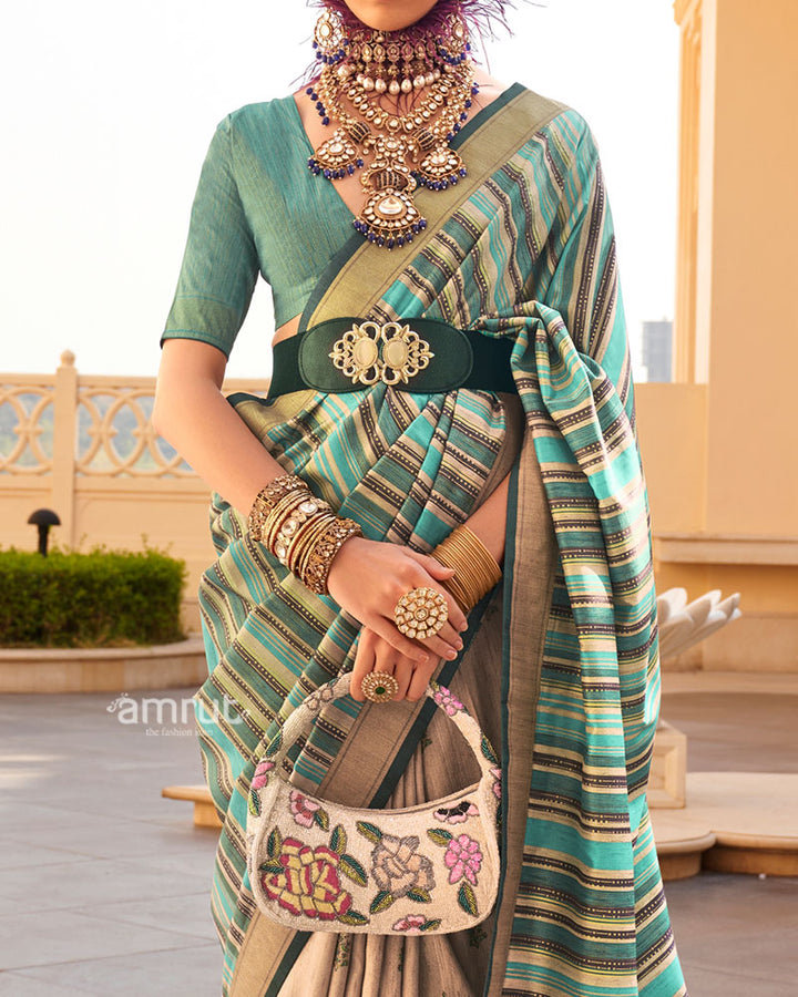Teal Green and Beige Printed Silk Saree with Unstitched Blouse 03