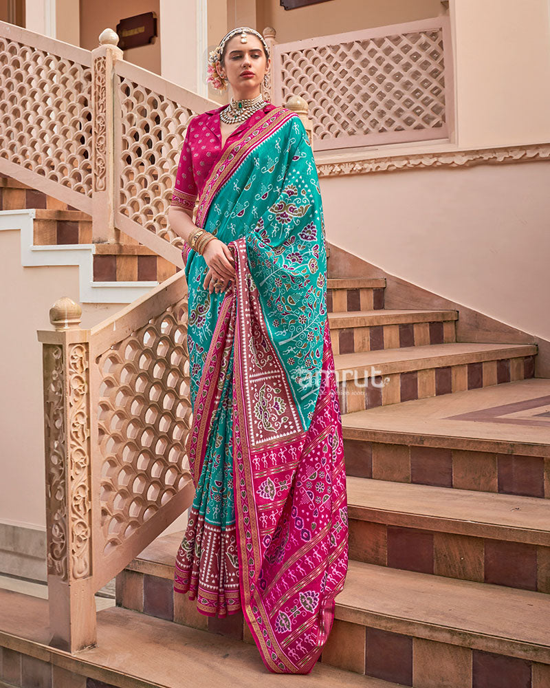 Teal Green and Maroon Broad Border Patola Silk Saree with Unstitched Blouse 01