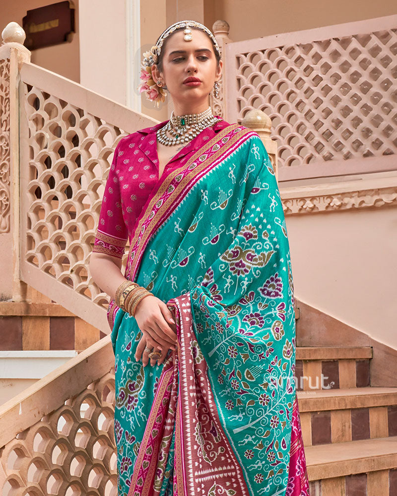Teal Green and Maroon Broad Border Patola Silk Saree with Unstitched Blouse 02