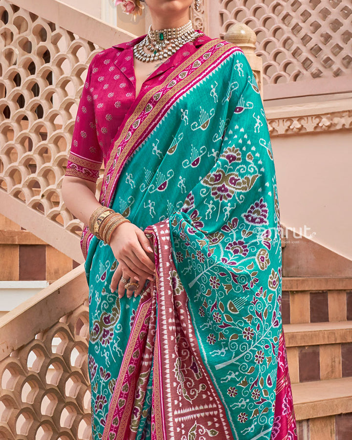 Teal Green and Maroon Broad Border Patola Silk Saree with Unstitched Blouse 03