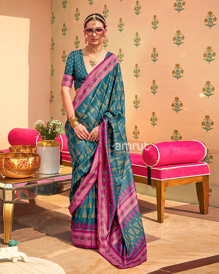 Teal Ikat Printed  Saree with Contrast Magenta Border and Unstitched Blouse 01