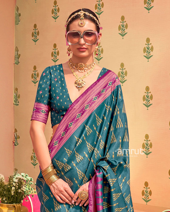 Teal Ikat Printed  Saree with Contrast Magenta Border and Unstitched Blouse 02