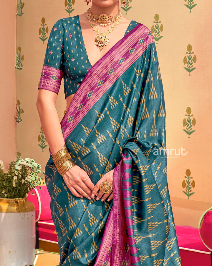 Teal Ikat Printed  Saree with Contrast Magenta Border and Unstitched Blouse 03