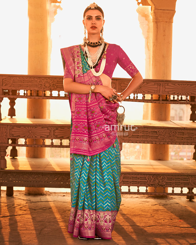 Teal Ikat Printed and Pink Contrast Border Patola Silk Saree with Unstitched Blouse 01