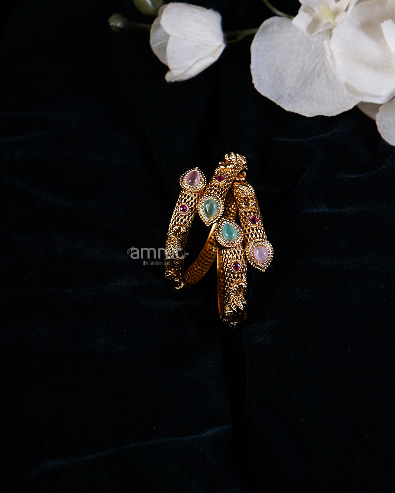 Teal, Pink, and Ruby Gemstones Layered Gold Toned Bangles 01