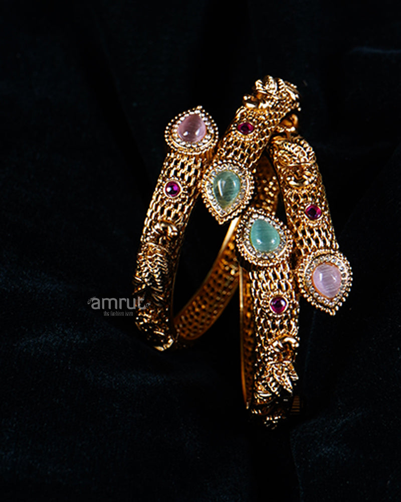 Teal, Pink, and Ruby Gemstones Layered Gold Toned Bangles 02