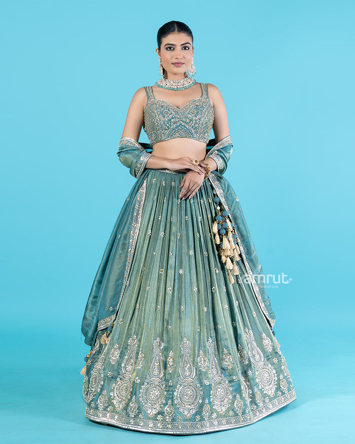 Teal Tissue Silk Lehenga Choli with Sequin and Zari Embroidery and Dupatta 01