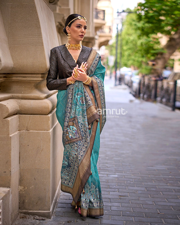 Teal Woven Silk Saree with Zari Border and Unstitched Blouse 01
