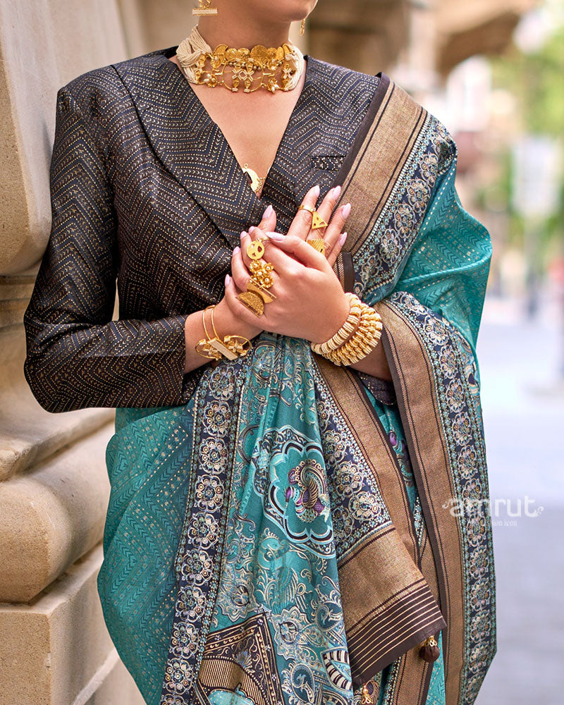 Teal Woven Silk Saree with Zari Border and Unstitched Blouse 03