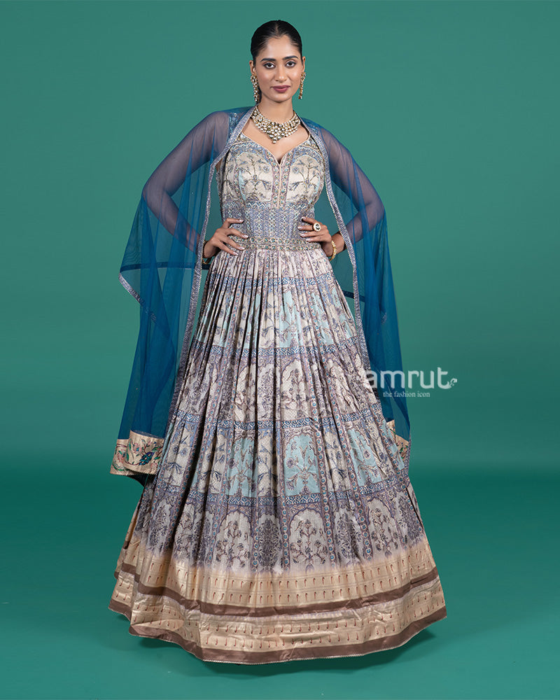 Teal and Beige Embroidered Gown with Net Dupatta 01