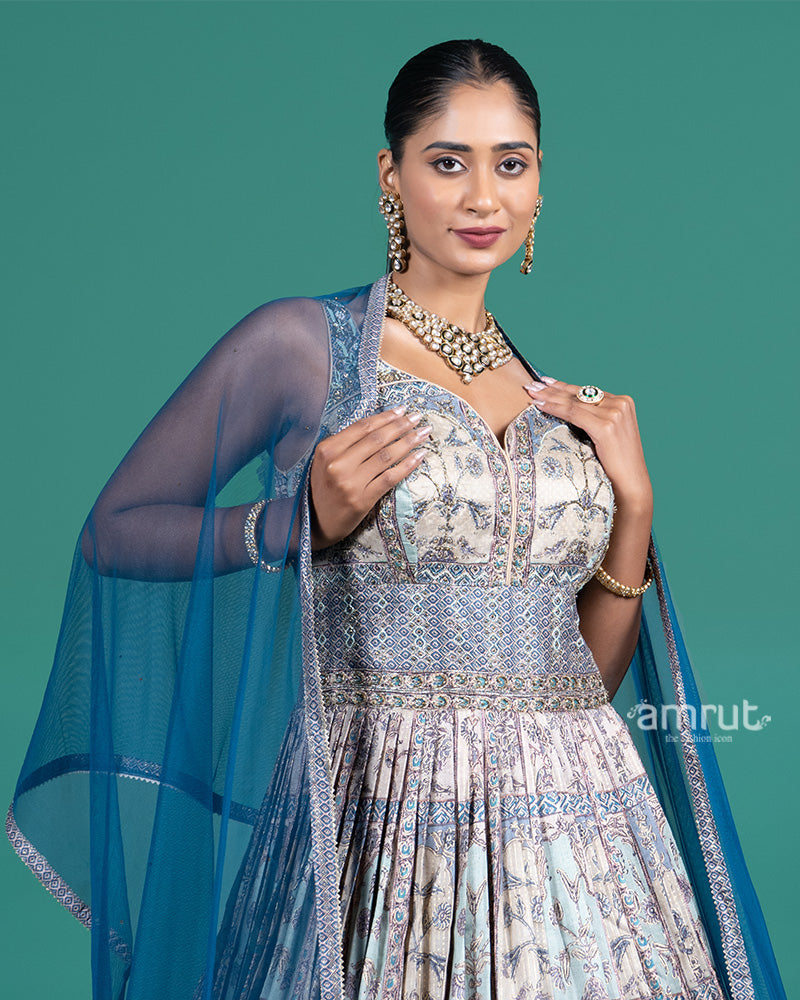 Teal and Beige Embroidered Gown with Net Dupatta 02