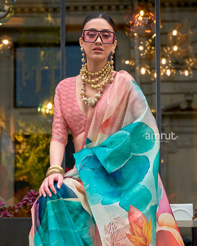 Teal and Coral Digital Floral Print Saree with Embellished Border and Unstitched Blouse 02