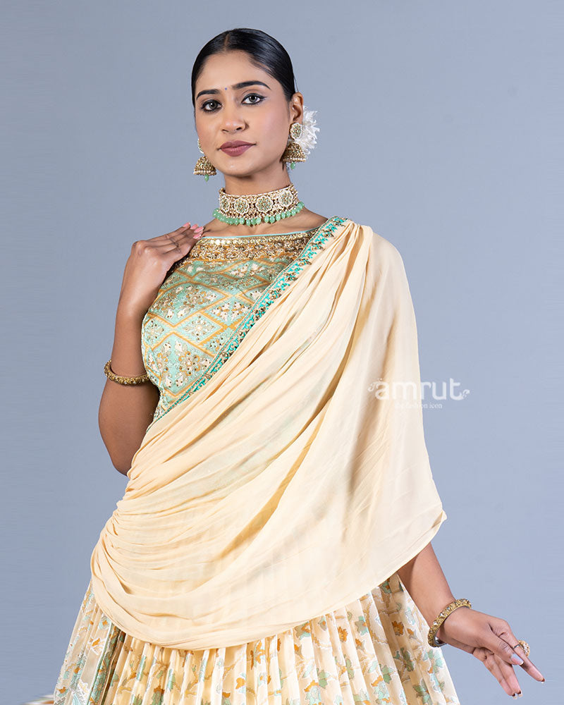 Teal and Cream Layered Pleated Gown with Golden Embellishments and Dupatta 002