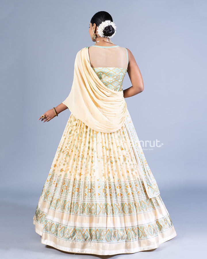 Teal and Cream Layered Pleated Gown with Golden Embellishments and Dupatta 003