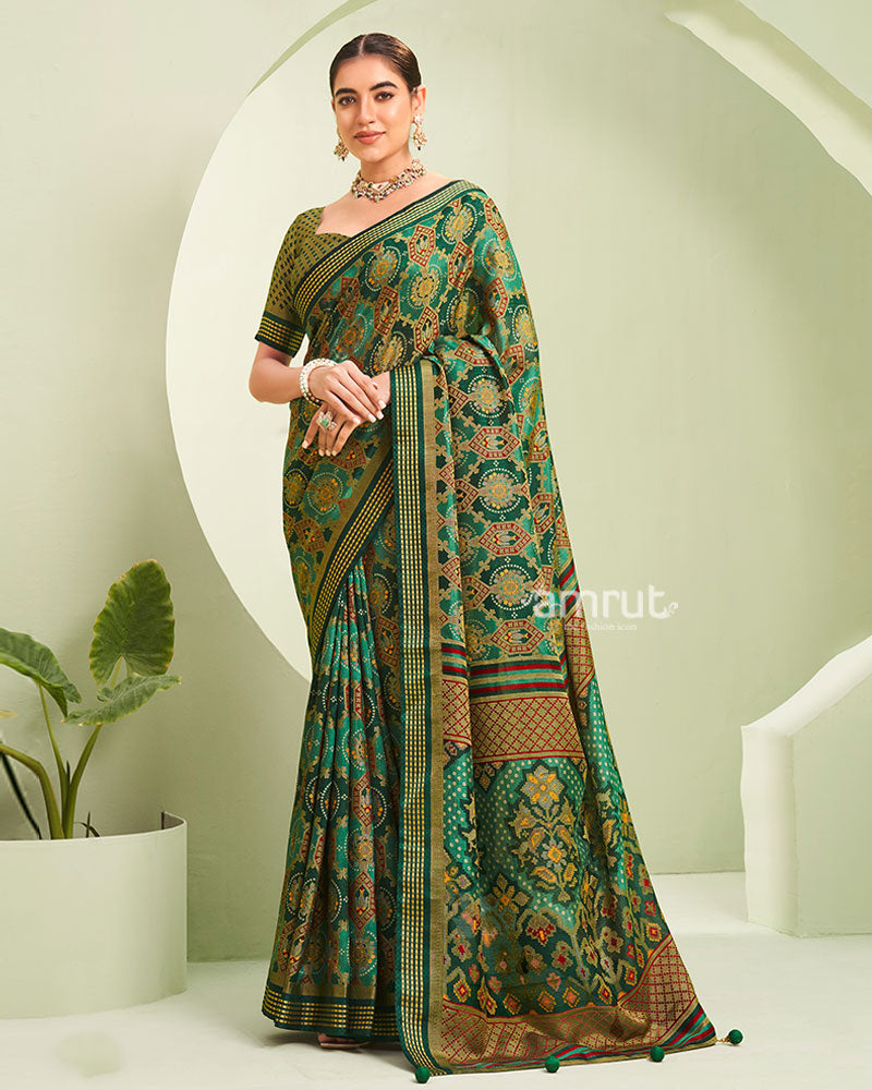 Teal and Green Floral Pattern Georgette Saree with Unstitched Blouse 01