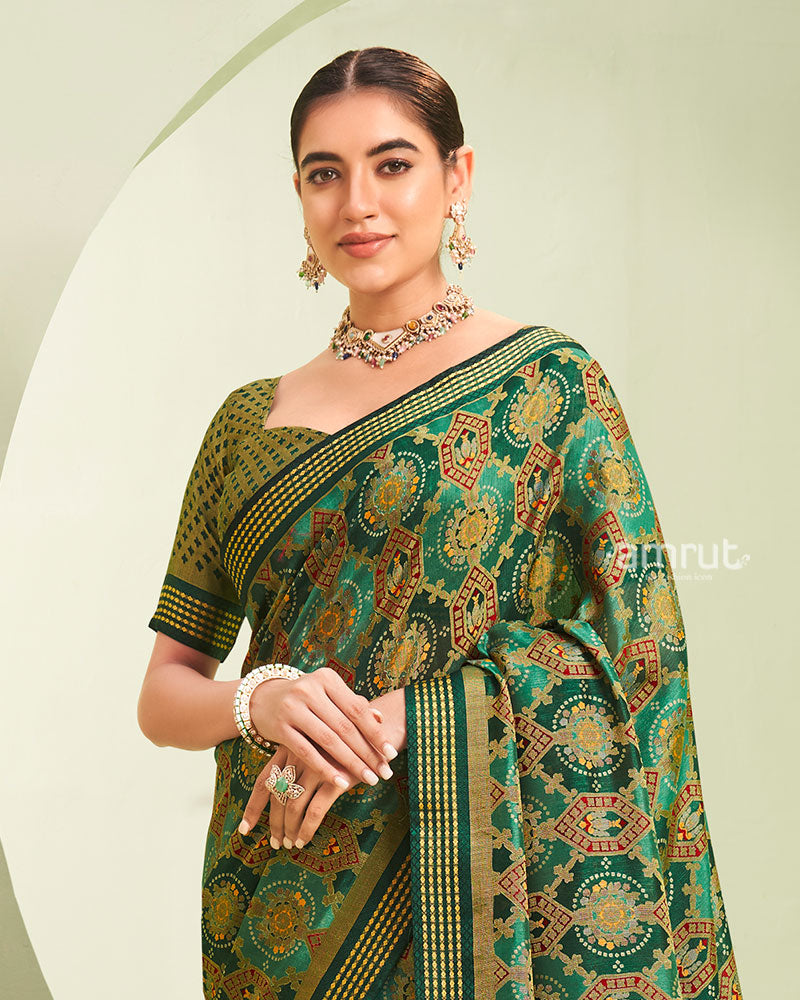 Teal and Green Floral Pattern Georgette Saree with Unstitched Blouse 02
