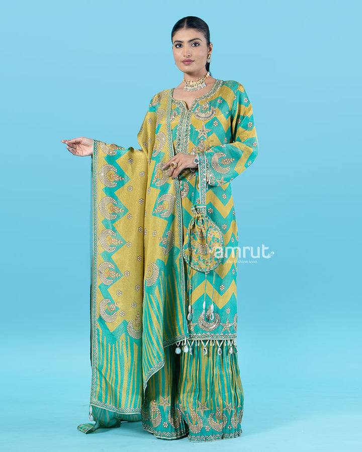 Teal and Mustard Yellow Embroidered Top with Palazzo Pants, Dupatta, and Pouch Bag 01