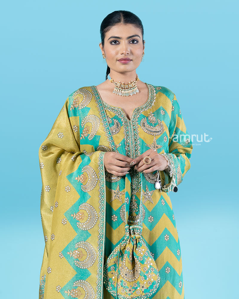 Teal and Mustard Yellow Embroidered Top with Palazzo Pants, Dupatta, and Pouch Bag 02